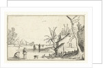 Farm with frozen river with skaters on the ice by Claes Jansz. Visscher II