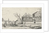 Frozen river with skaters on a farm by Claes Jansz. Visscher II