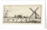 Skaters on the ice at a mill near Penningsveer by Esaias van de Velde