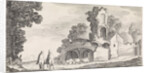 Two riders seen from behind on a path along a ruin by Jan van de Velde II
