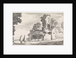 Two riders seen from behind on a path along a ruin by Jan van de Velde II