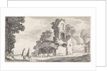 Two riders seen from behind on a path along a ruin by Jan van de Velde II