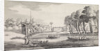 On a river, passengers in large rowboats approaching a village by Jan van de Velde II