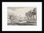 On a river, passengers in large rowboats approaching a village by Jan van de Velde II