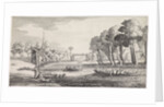 On a river, passengers in large rowboats approaching a village by Jan van de Velde II