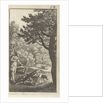 In a park left a huntress with a bow, for her is a man in armor on the ground, he is probably the horse behind her cases, further on is his helmet by Abraham Dircksz Santvoort