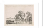 Right for a house, a man sits on a pier angling and a woman is standing, Left a village church, on the water a man in a rowboat in which a wicker trap by A. van de Velde