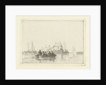 River view with rowing boat at pier by Albertus Brondgeest