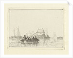 River view with rowing boat at pier by Albertus Brondgeest