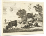 Cows and sheep lying in meadow for farm by Johannes van Cuylenburgh