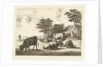 Cows and sheep lying in meadow for farm by Johannes van Cuylenburgh