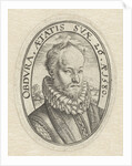 Portrait Bust of a young man with a beard, in oval with Latin inscription, Belongs to a family crest by Hendrick Goltzius
