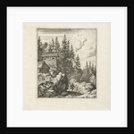 Mountain landscape with wooden chapel, on the path, next to a large rock, stands a walker by Allaert van Everdingen