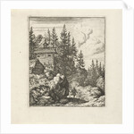 Mountain landscape with wooden chapel, on the path, next to a large rock, stands a walker by Allaert van Everdingen