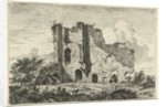Shepherds with dog near a ruin by Hermanus Fock