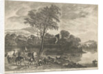 Hunters on horseback riding on a road by Pieter Nolpe
