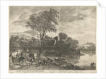 Hunters on horseback riding on a road by Pieter Nolpe