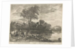 Hunters on horseback riding on a road by Pieter Nolpe