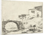 Stone bridge with donkey driver at homes by Cornelis van Poelenburch