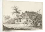A farm with a thatched roof, a peasant woman is leaning on the lower door, next door a farmer sitting on a bench and a dog by baron Reinierus Albertus Ludovicus van Isendoorn à Blois