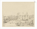 Side view of the castle Cannenburch with houses in the access by baron Reinierus Albertus Ludovicus van Isendoorn a Blois