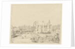 Side view of the castle Cannenburch with houses in the access by baron Reinierus Albertus Ludovicus van Isendoorn a Blois