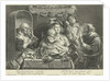A mother sits with a small child playing flute on her lap on a set table by Schelte Adamsz. Bolswert