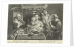 A mother sits with a small child playing flute on her lap on a set table by Schelte Adamsz. Bolswert