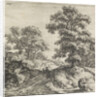 A rolling landscape, left two figures walking on a trail along a large oak tree by Anthonie Waterloo