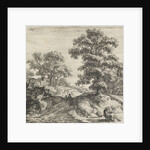 A rolling landscape, left two figures walking on a trail along a large oak tree by Anthonie Waterloo