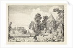 Figures on a country road near a church ruin by Jan van de Velde II