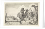 Figures on a country road near a church ruin by Jan van de Velde II