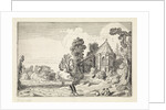 Figures on a country road near a church ruin by Jan van de Velde II