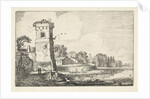 Pont with sheep in a tower in a river landscape by Jan van de Velde II