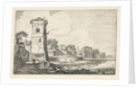 Pont with sheep in a tower in a river landscape by Jan van de Velde II