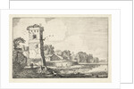 Pont with sheep in a tower in a river landscape by Jan van de Velde II