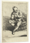 Man sitting on tons with jar owned by Cornelis Pietersz. Bega