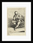 Man sitting on tons with jar owned by Cornelis Pietersz. Bega