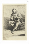 Man sitting on tons with jar owned by Cornelis Pietersz. Bega