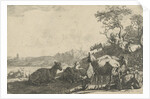 Shepherd with dog on a hill, playing on a flute, the flock of sheep in the foreground by Paulus Potter