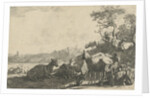 Shepherd with dog on a hill, playing on a flute, the flock of sheep in the foreground by Paulus Potter
