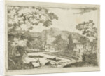 River landscape with houses and towers by Jean Joseph Hanson