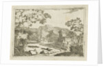 River landscape with houses and towers by Jean Joseph Hanson