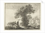 A man stands with two horses near a grove of trees by Gilles Neyts