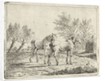 Meadow Landscape with two horses at bridge and farm by Cornelis Bisschop
