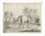 Meadow Landscape with two horses at bridge and farm by Cornelis Bisschop