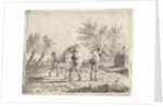 Meadow Landscape with two horses at bridge and farm by Cornelis Bisschop