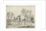 Meadow Landscape with two horses at bridge and farm by Cornelis Bisschop