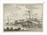 A herd of cows on the waterfront, some with their feet in the river by Anthonij van der Haer