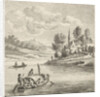 Riverview with two boats at a village by Anthonij van der Haer